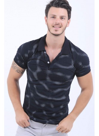 Gri Nokta Desen Polo Yaka Siyah T-Shirt