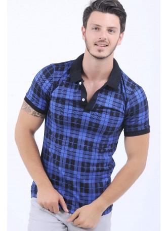 Siyah Kare Desen Polo Yaka Saks Mavisi T-Shirt
