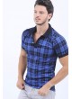 Siyah Kare Desen Polo Yaka Saks Mavisi T-Shirt