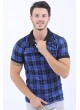 Siyah Kare Desen Polo Yaka Saks Mavisi T-Shirt