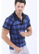 Siyah Kare Desen Polo Yaka Saks Mavisi T-Shirt