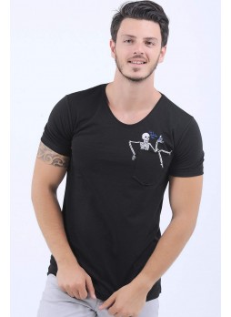 Iskelet Baskılı Cep Siyah T-Shirt