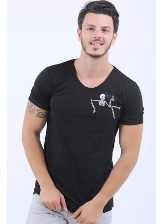 Iskelet Baskılı Cep Siyah T-Shirt