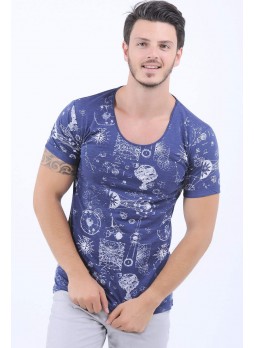 Beyaz Baskı Desen Mavi T-Shirt