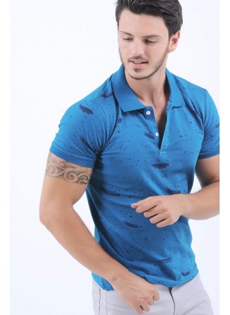 Lacivert Püskütrme Desen Polo Yaka Mavi T-Shirt