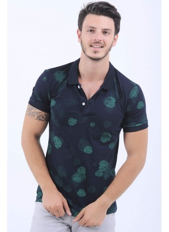 Yeşil Yaprak Desen Polo Yaka Lacivert T-Shirt