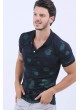 Yeşil Yaprak Desen Polo Yaka Lacivert T-Shirt