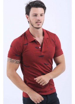 Lacivert Püskütme Desen Polo Yaka Bordo T-Shirt