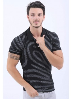 Beyaz Nokta Desen Polo Yaka Siyah T-Shirt