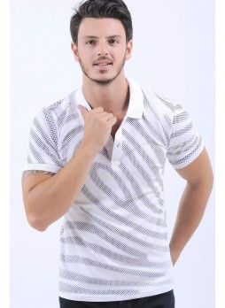 Lacivert Nokta Desen Polo Yaka Beyaz T-Shirt