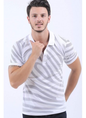 Lacivert Nokta Desen Polo Yaka Beyaz T-Shirt