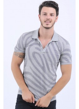 Lacivert Nokta Desen Polo Yaka Gri T-Shirt
