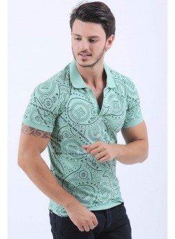 Yazı Desenli Polo Yaka Nilyeşili T-Shirt