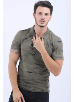 Lacivert Püskütme Desen Polo Yaka Haki T-Shirt