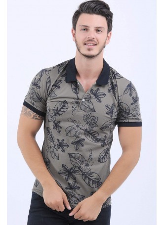 Siyah Yaprak Desen Polo Yaka Haki T-Shirt