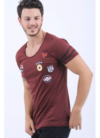 Kol Şerit Armalı Bordo T-Shirt