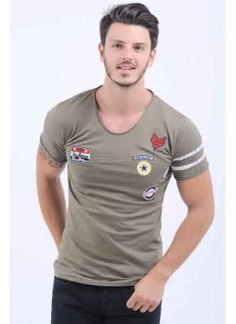 Kol Şerit Armalı Haki T-Shirt