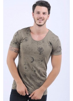 Siyah Baskı Desen Haki T-Shirt