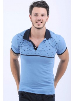 Üst Siyah Desen Polo Yaka Açık Mavi T-Shirt