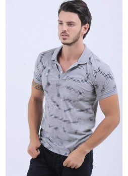 Siyah Nokta Desen Polo Yaka Gri T-Shirt