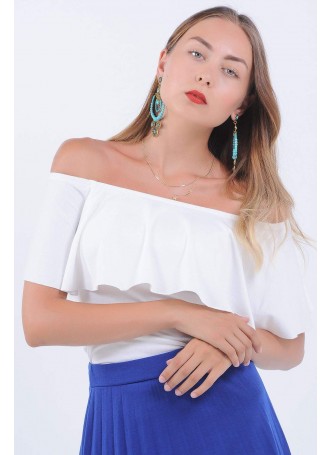 Kayık Yaka Fırfırlı Beyaz Bluz