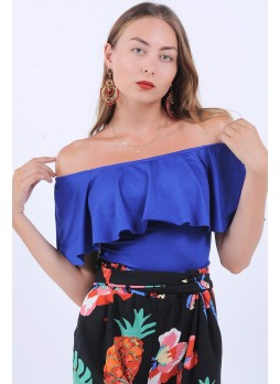 Kayık Yaka Fırfırlı Saks Mavisi Bluz