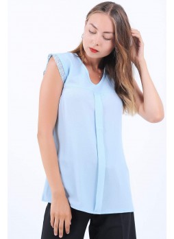 Dantel Detay Kolsuz Buz Mavisi Bluz