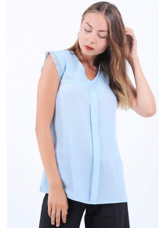 Dantel Detay Kolsuz Buz Mavisi Bluz