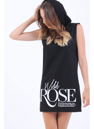 Rose Baskılı Kapşonlu Siyah Elbise