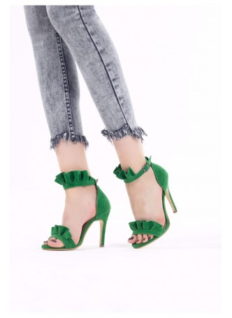 Mrt Yeşil Süet Bilekten Kemerli Pileli Bayan Stiletto Ayakkabı