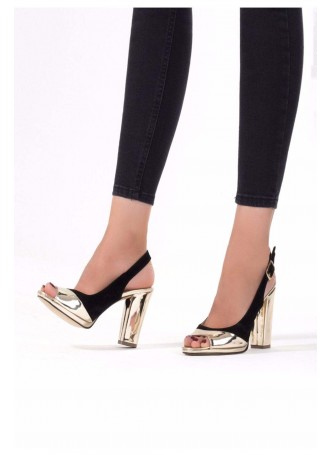 Dis Siyah Süet Gold Rugan Bayan Topuklu Ayakkabı