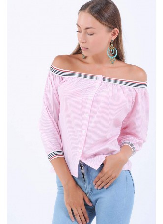 Kayık Yaka Düğmeli Pembe Gömlek