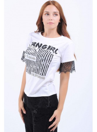 Fan Girl Baskı Güpürlü Beyaz T-Shirt