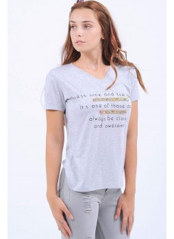 Ön Taşlı Gri T-Shirt