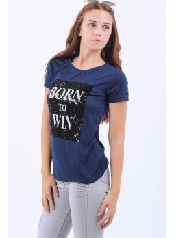 Ön Pullu Lacivert T-shirt