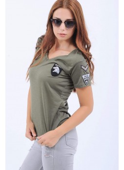 V Yaka Armalı Haki T-Shirt