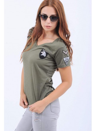 V Yaka Armalı Haki T-Shirt