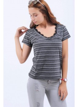 Çizgili Güpürlü V Yaka Füme T-Shirt