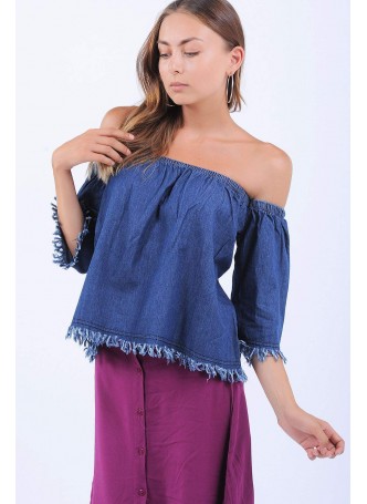 Kayık Yaka Lacivert Kot Bluz