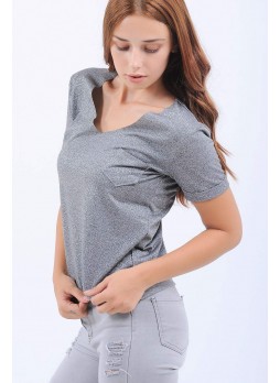 Cep Detay Simli Gri T-shirt