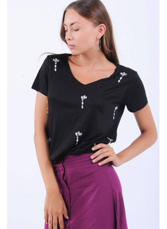 Taşlı Siyah T-shirt