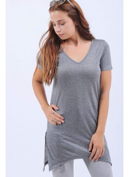 Simli Yırtmaçlı Gri T-Shirt