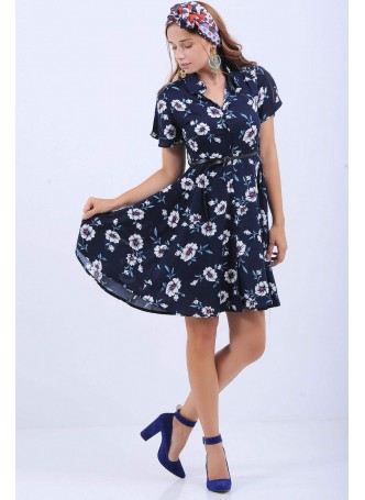 Düğmeli Beyaz Çiçek Desen Lacivert Elbise