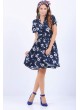 Düğmeli Beyaz Çiçek Desen Lacivert Elbise