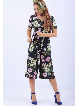 Çiçek Desen Çapraz Yaka Siyah Tulum