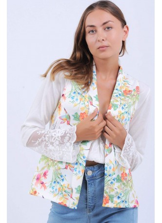 Sarı Çiçek Desen Kısa Beyaz Yelek