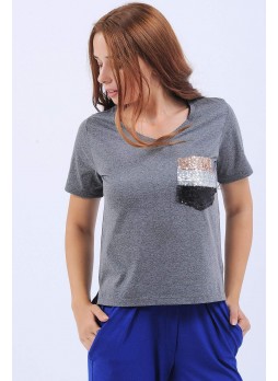 Cep Detay V Yaka Gri T-Shirt