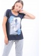 Beyaz Baskılı Gri Sırt Lacivert T-Shirt