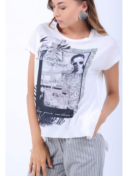 Baskılı Kesik Detay Beyaz T-Shirt