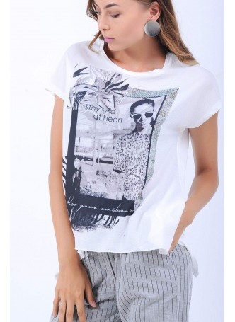 Baskılı Kesik Detay Beyaz T-Shirt